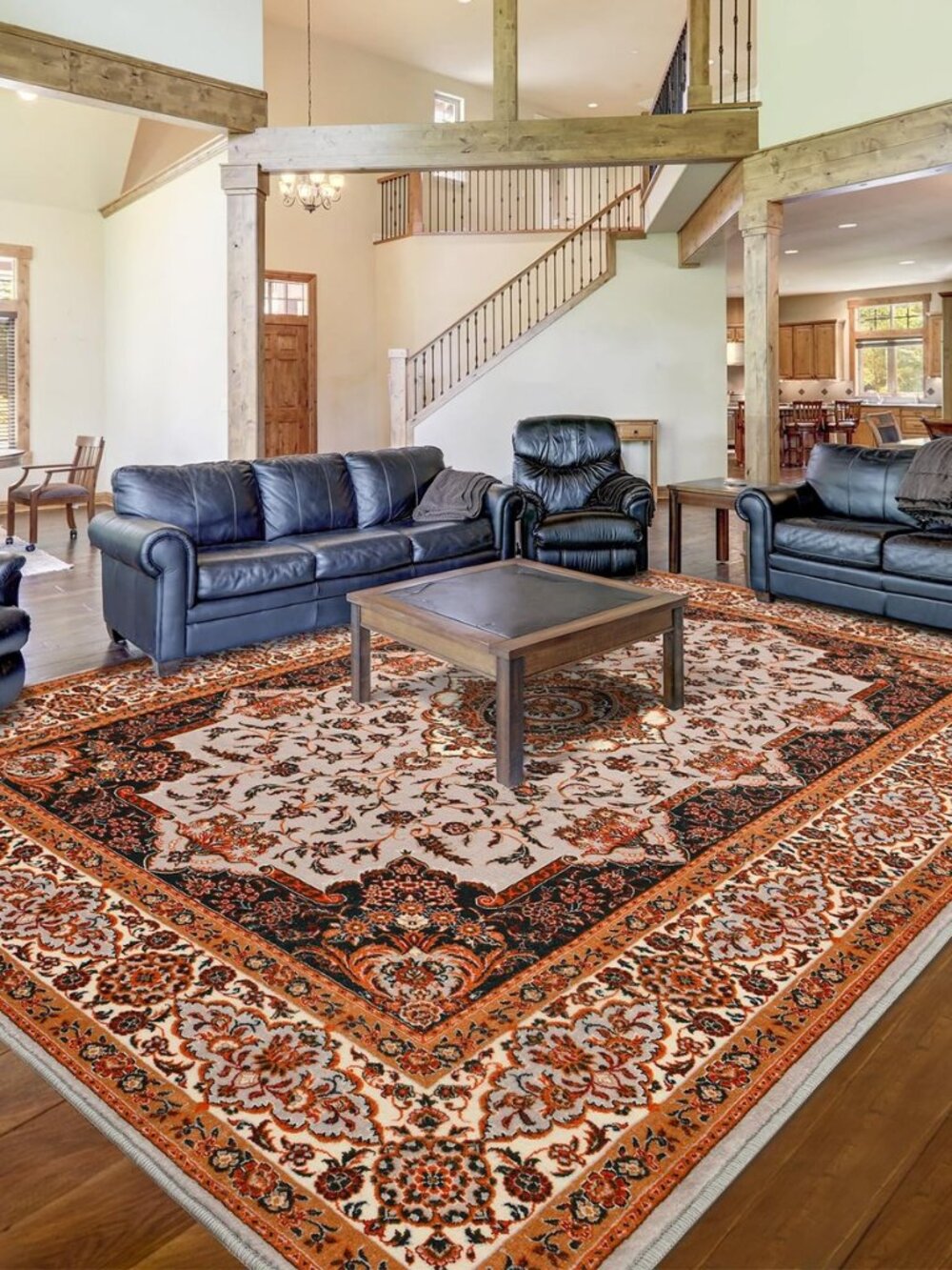 8x10 Area Rug for Living Room, Machine Washable Non-Slip Orange Navy Vintage